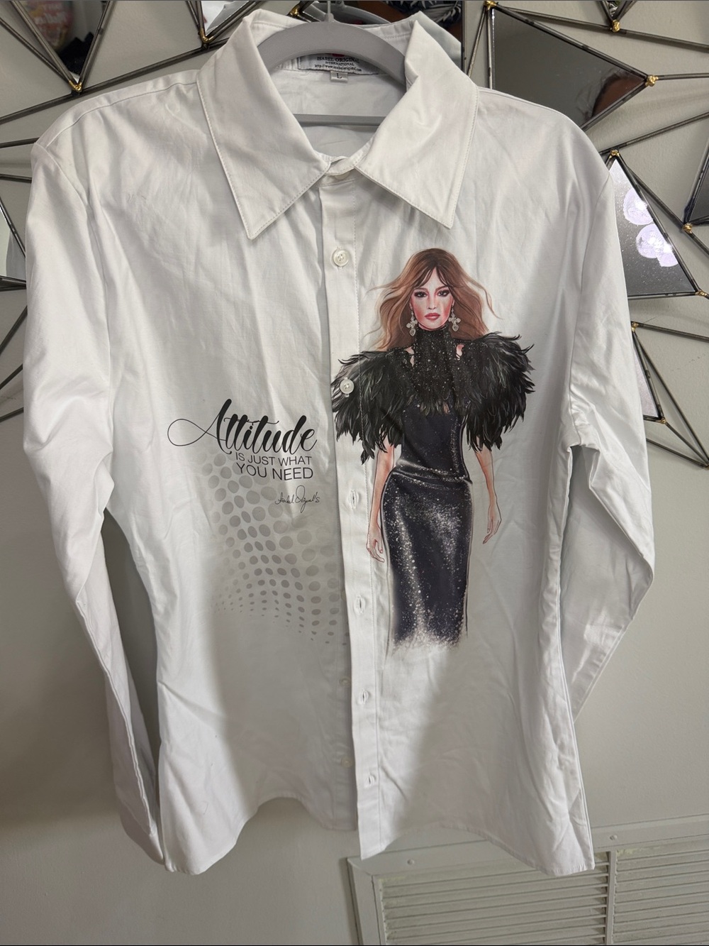 White Graphic Button-Down Shirt with Fashion Illustration